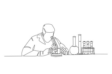 Female scientist working using microscope in continuous one line drawing. Single line art illustration of scientist and laboratory equipment Set. Editable vector.