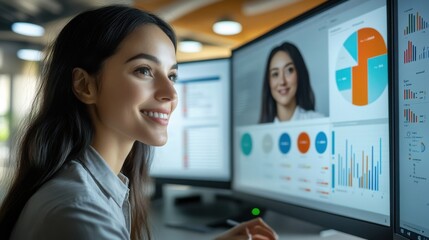 A focused woman smiles while analyzing data on multiple screens, showcasing charts and graphs in a modern workspace.