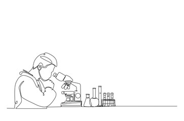 Female scientist working using microscope in continuous one line drawing. Single line art illustration of scientist and laboratory equipment Set. Editable vector.