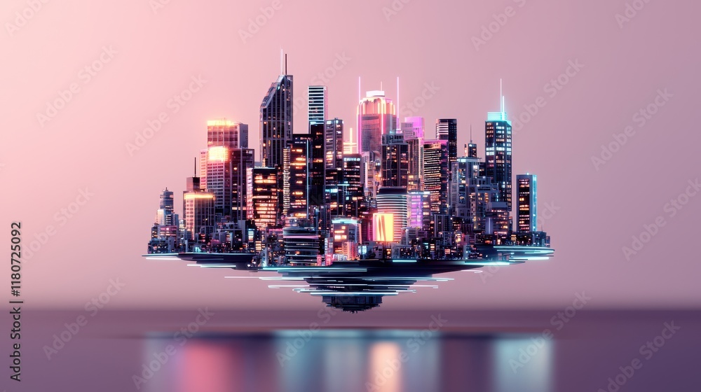Poster a futuristic floating cityscape illuminated by colorful lights, showcasing advanced architecture and