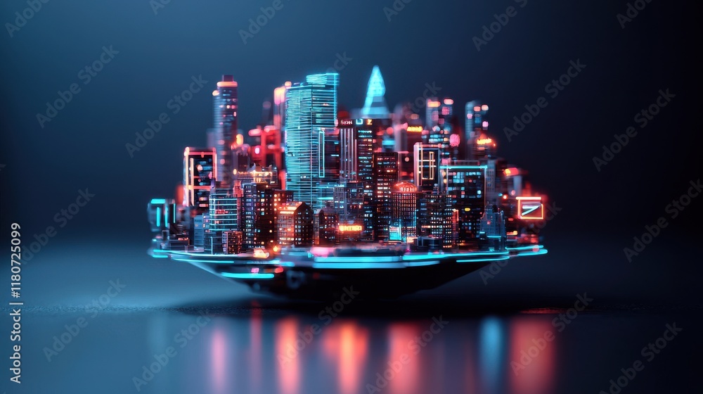 Poster a futuristic floating cityscape illuminated with vibrant neon lights, showcasing advanced architectu