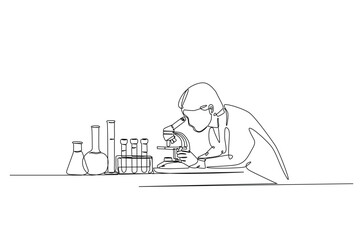 Female scientist working using microscope in continuous one line drawing. Single line art illustration of scientist and laboratory equipment Set. Editable vector.
