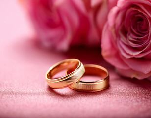 AI generative image of two luxury gold wedding rings on a pink background with roses. Shallow depth of field, close up the wedding ring with space. 
