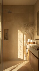 Sunlit minimalist bathroom, desert view, calm ambiance, spa-like relaxation