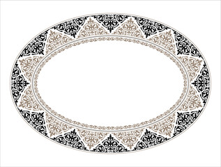 
Vintage decorative oval frame. Elegant element for design in Eastern style, place for text. Floral black border. Ancient Turkic ornaments. Lace illustration for invitations, Sandblasting, ceramic