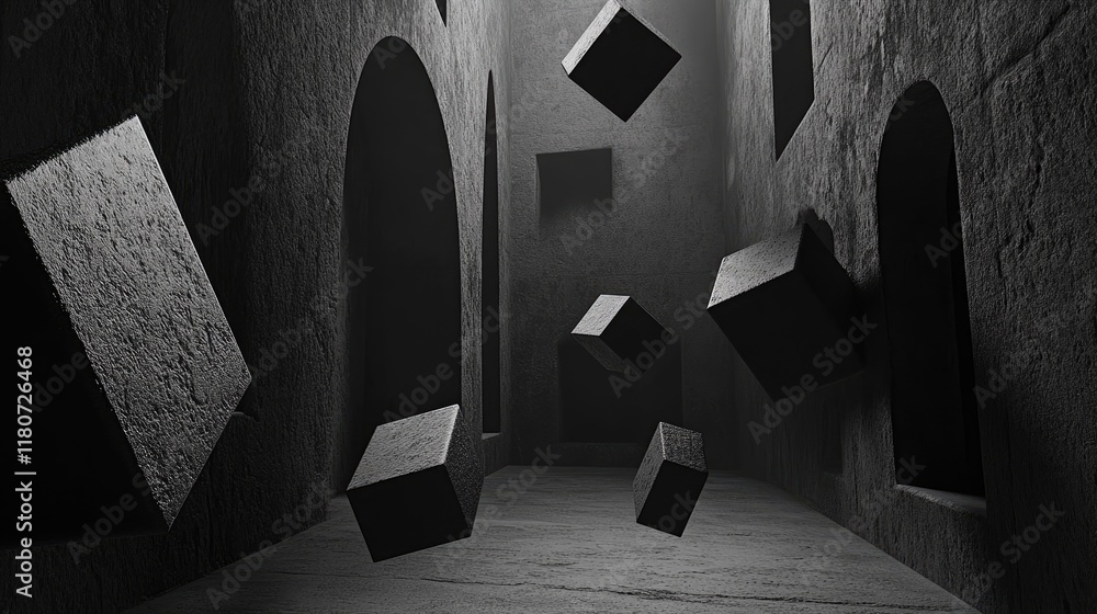 Poster a surreal corridor with floating cubes and archways in a monochromatic setting.