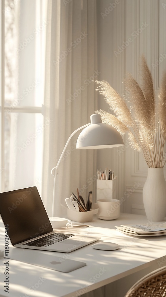 Wall mural Sunny home office desk, pampas grass, laptop