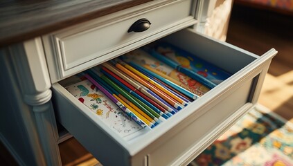 Open drawer with colorful pencils and children's books.