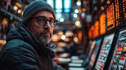 Thoughtful man in a cozy café gazing at digital screens at night