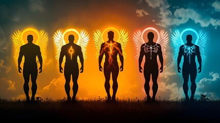 Silhouette image of five powerful angels, each with unique glowing energy, representing different aspects of divine power.