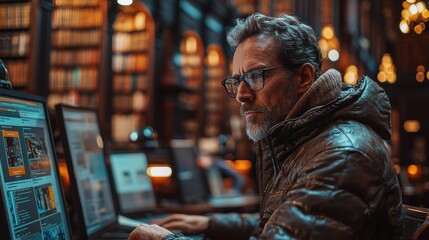 Obraz premium Focused Man in Library Engaged with Computer Researching Online