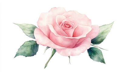 A watercolor painting of a pink rose with green leaves