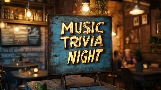 Sign that reads &ldquo;MUSIC TRIVIA NIGHT&rdquo; - BAR - PUB - CLUB - THEME NIGHT - FUN - BRAIN TEASERS