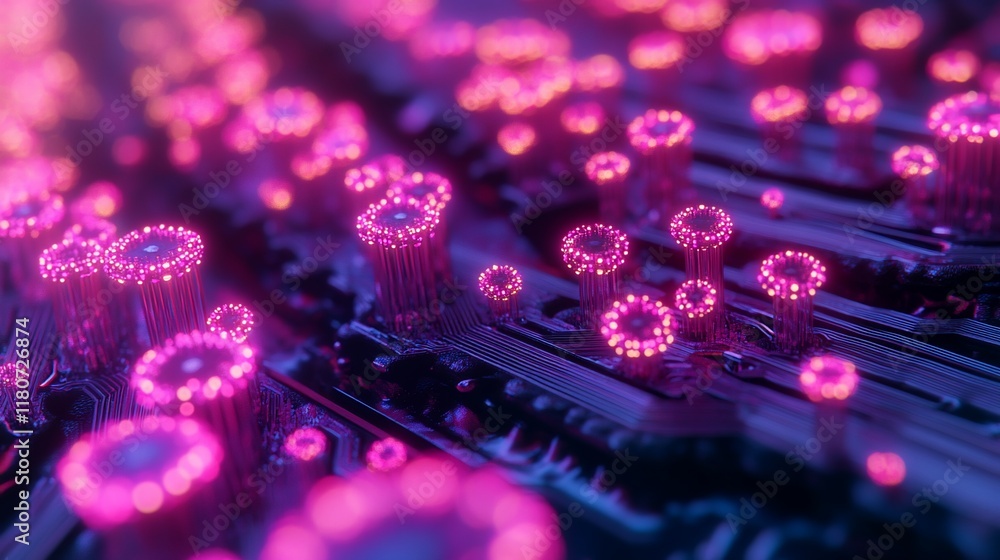 Poster abstract glowing pink structures resembling microscopic organisms or circuitry on a dark background.