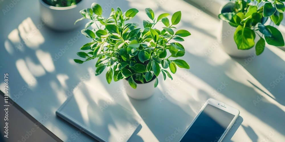 Wall mural Sunny office desk, plants, phone, notebook. Calm workspace