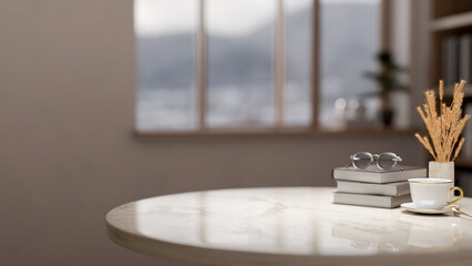 A round marble table featuring space for product display, with a blurred background of a simple room