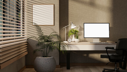The interior design of a modern office or place of work featuring a computer on a desk.