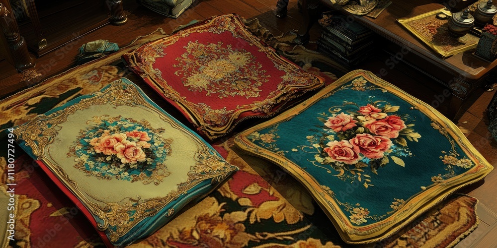 Poster a collection of decorative cushions with floral patterns displayed on a patterned surface.