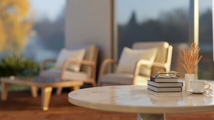 A round marble table featuring space for product display, with a blurred background of a living room