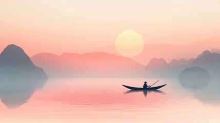 A man is in a boat on a lake with a sunset in the background