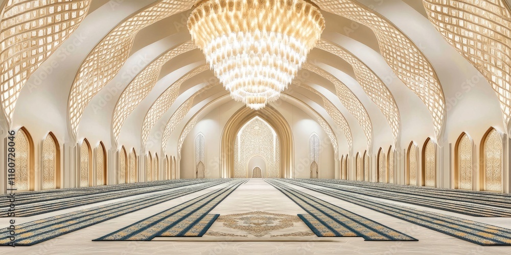 Poster a spacious, beautifully designed interior of a mosque with intricate patterns and a large chandelier