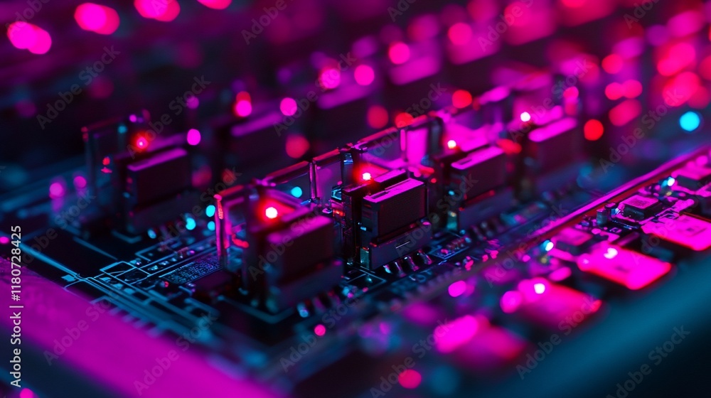 Poster close-up of illuminated circuit board components. (1)