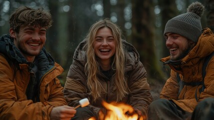 Fototapeta premium Group of Friends Enjoying Campfire in Forest During Winter Evening