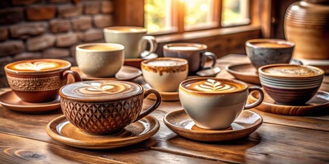 Fototapeta premium Aromatic Coffee Creations Multiple Cups of Latte Art on Rustic Wooden Table