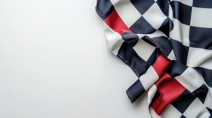 Checkered flag fabric draped on white. Ideal for designs related to racing, competition, or victory.