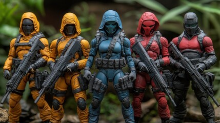 Action Figures Displayed in a Forest Setting Featuring Colorful Tactical Costumes and Modern Firearms for Toy Photography Enthusiasts