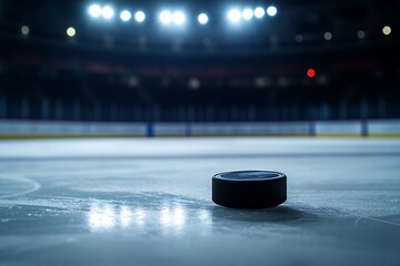 Hockey puck on an empty ice rink under bright lights.