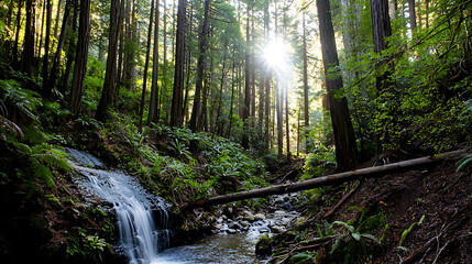 Obraz premium A stream of water flows through a forest. generated using AI
