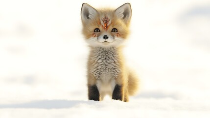 Adorable Fox Kit Standing In Snowy Winter Landscape