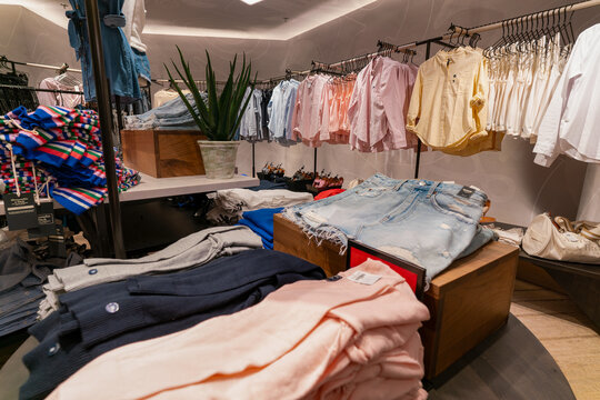 Hong Kong, China - February 02, 2019: various apparel displayed inside an Abercrombie and Fitch store in Hong Kong. Abercrombie and Fitch Co. is an American lifestyle retailer.