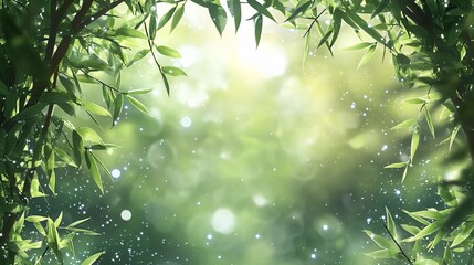Fototapeta premium Lush green foliage frames a sunlit, bokeh background.