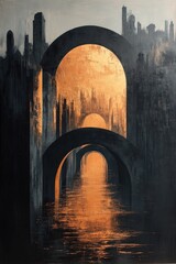 Golden city reflected in arched bridge waterway.