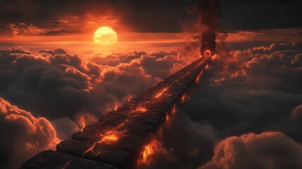 Fiery path above clouds, sunset, gateway, fantasy, game background