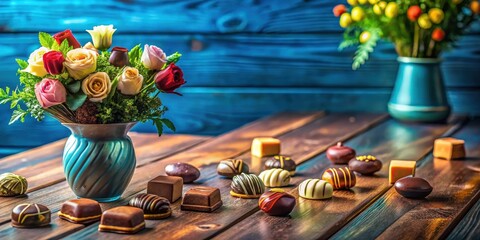 A vibrant bouquet of roses in a teal vase sits beside an assortment of assorted chocolates on a rustic wooden table