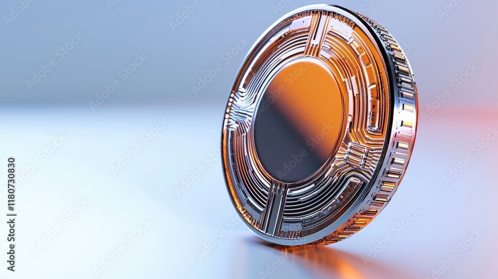 Poster shiny cryptocurrency coin with circuit patterns on a reflective surface