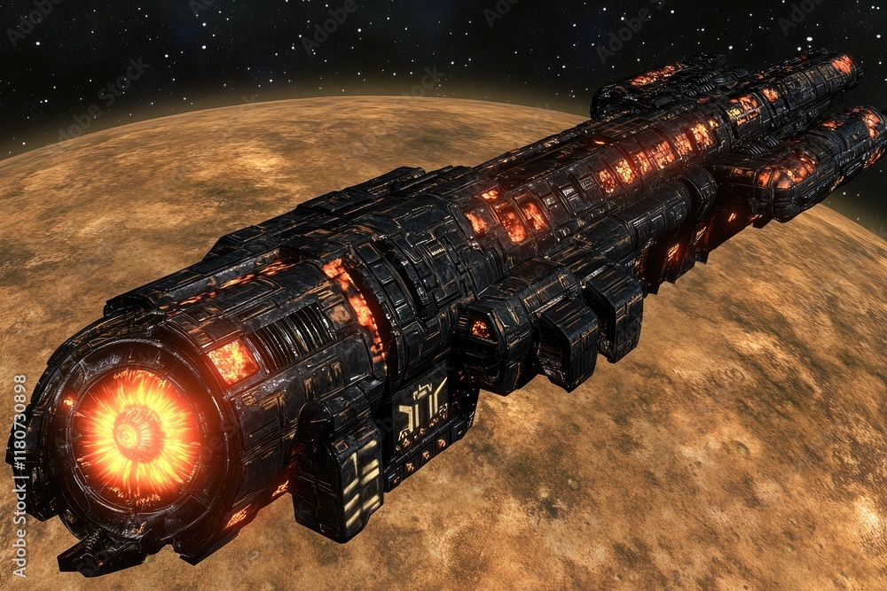 Poster a futuristic spaceship with glowing engines hovering above a planet's surface.
