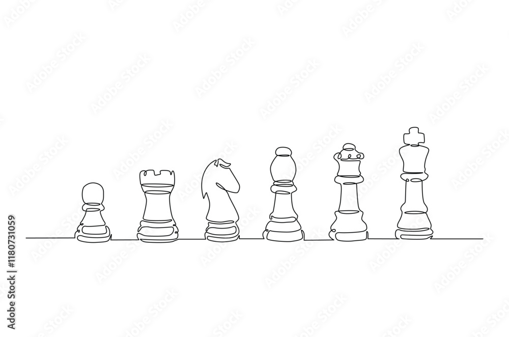 Poster chess pieces in continuous one line drawing. single line art illustration of chess game. editable ve