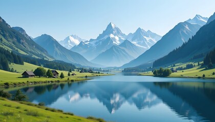 Fototapeta premium Snow-capped mountains reflected in a serene lake with clear blue skies.