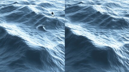 A serene ocean scene depicting waves, with a person surfing and a dolphin swimming nearby.