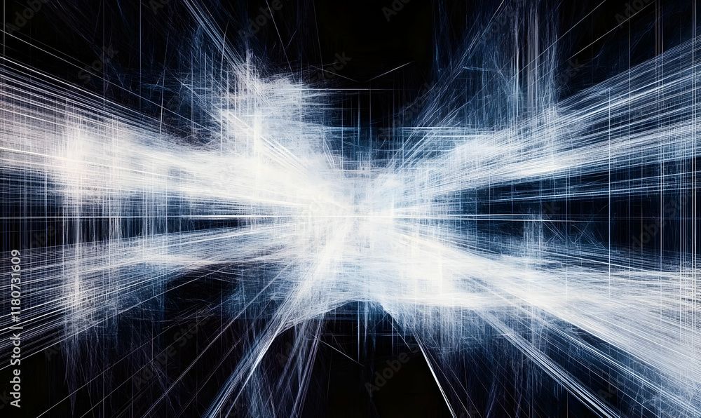 Poster abstract digital art depicting a futuristic city, showcasing intricate lines and glowing structures.