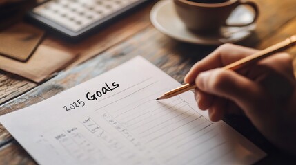 Creative Desk with 2025 Goals Written on a Blank Paper Surrounded by Art Supplies