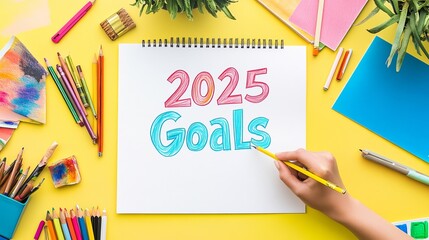 Creative Desk with 2025 Goals Written on a Blank Paper Surrounded by Art Supplies