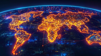 Illuminated map of the world showcasing cities.