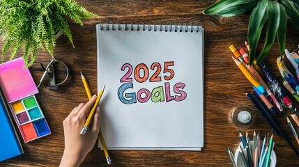 Creative Desk with 2025 Goals Written on a Blank Paper Surrounded by Art Supplies