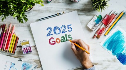 Creative Desk with 2025 Goals Written on a Blank Paper Surrounded by Art Supplies