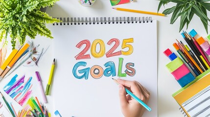 Creative Desk with 2025 Goals Written on a Blank Paper Surrounded by Art Supplies